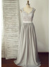 Gray Lace Chiffon Cap Sleeves Open Back Backless Prom Dress